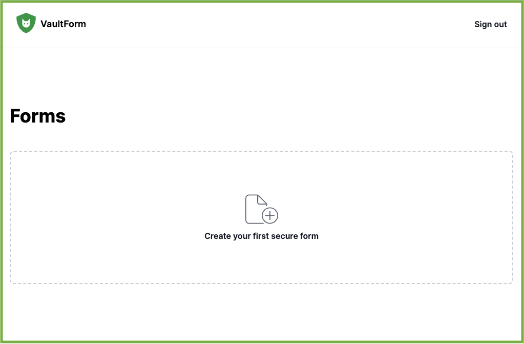 Empty VaultForm page showing no forms have been created.
